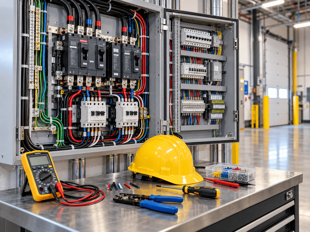 Commercial electrical panels with wiring and tools.