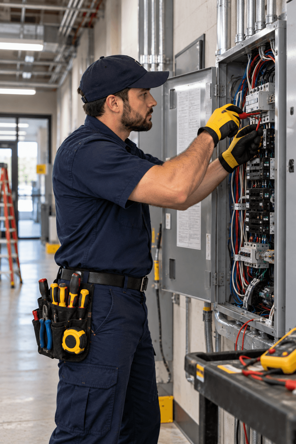 Electrician servicing a commercial electrical panel.