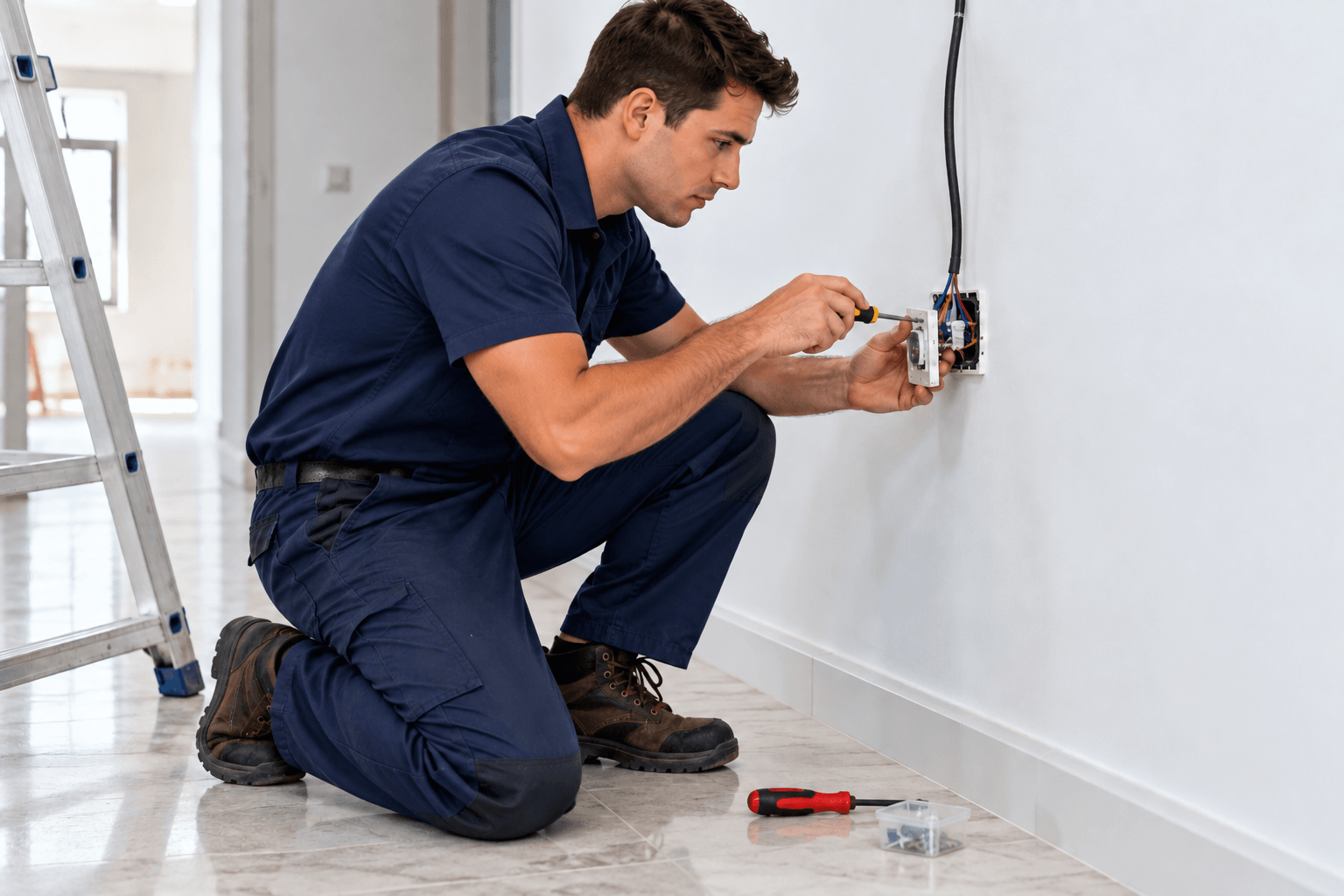 Electrician installing a wall outlet in a home