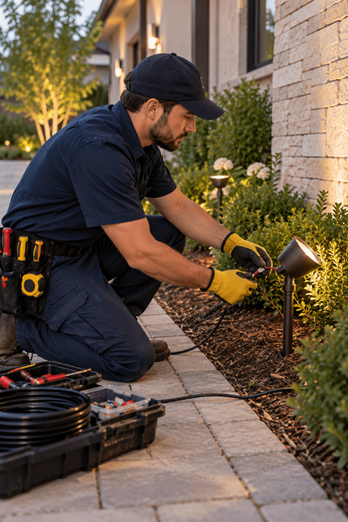 Electrician installing landscape lighting along a residential walkway.