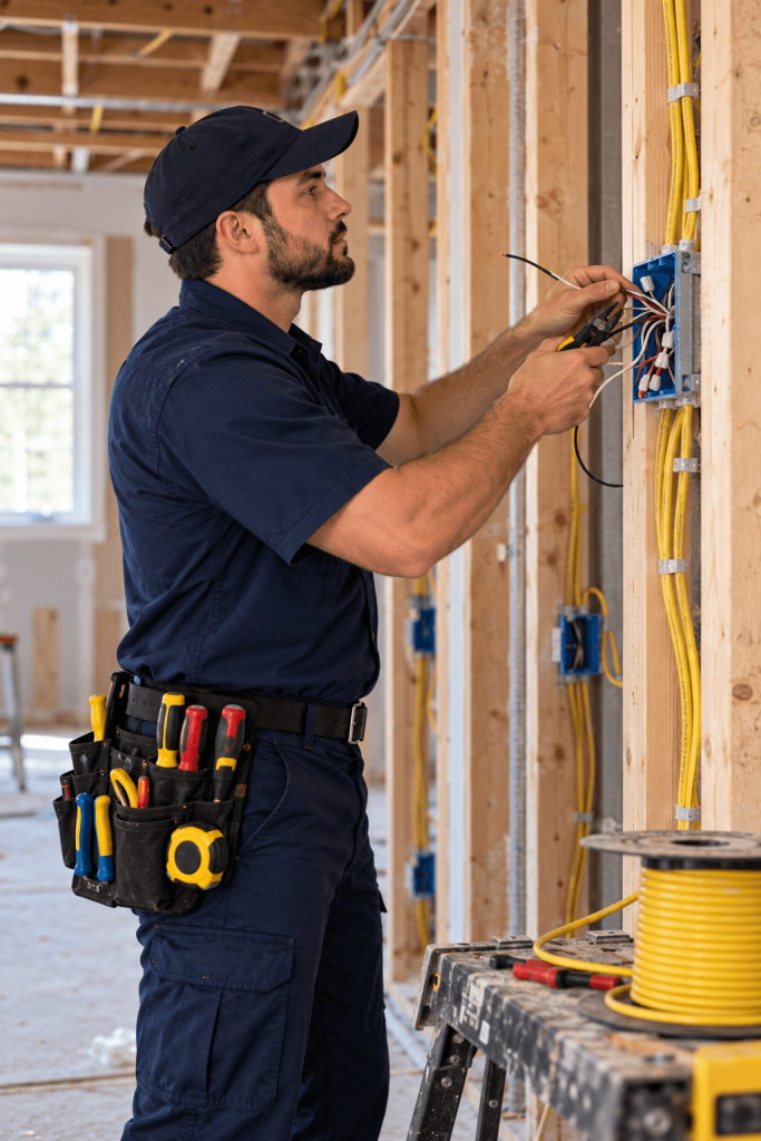 Electrician installing wiring and electrical outlets in a new home.